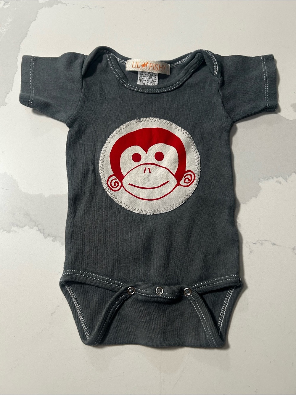 Lil Fishy Charcoal Baby One-Piece with Red Monkey Patch